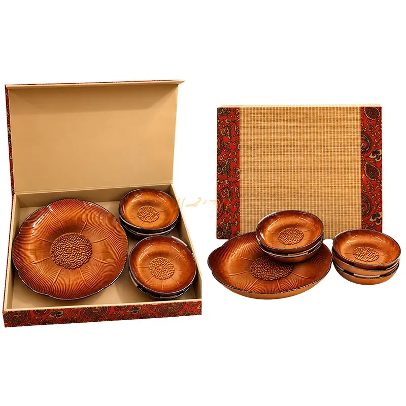 Copper Bloom Hand-Painted Glass Serving Set – 7 Pieces