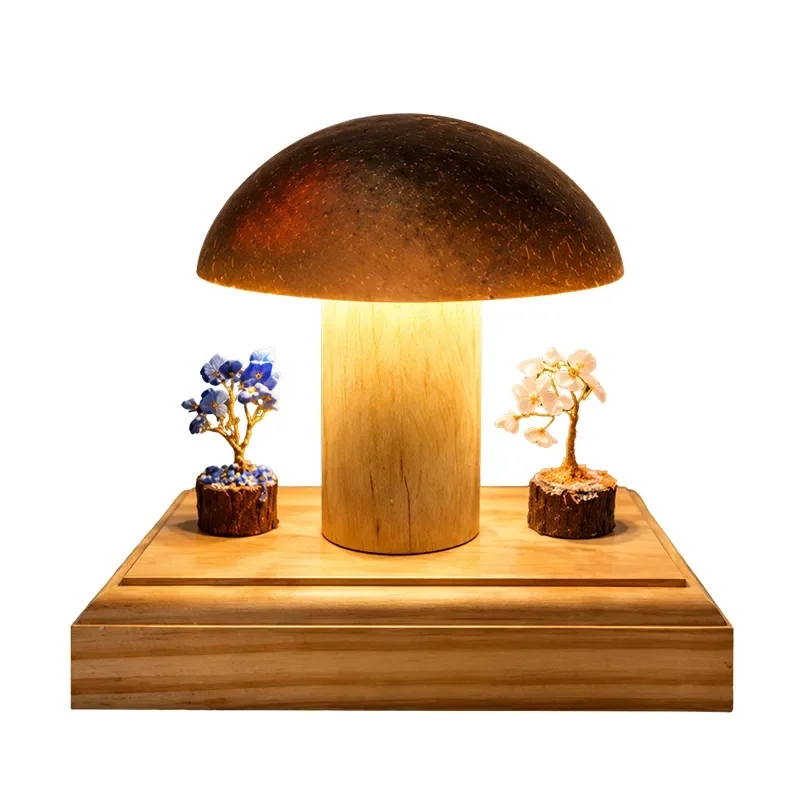 Woodland Serenity Coconut Shell Table Lamp with Miniature Tree Accents