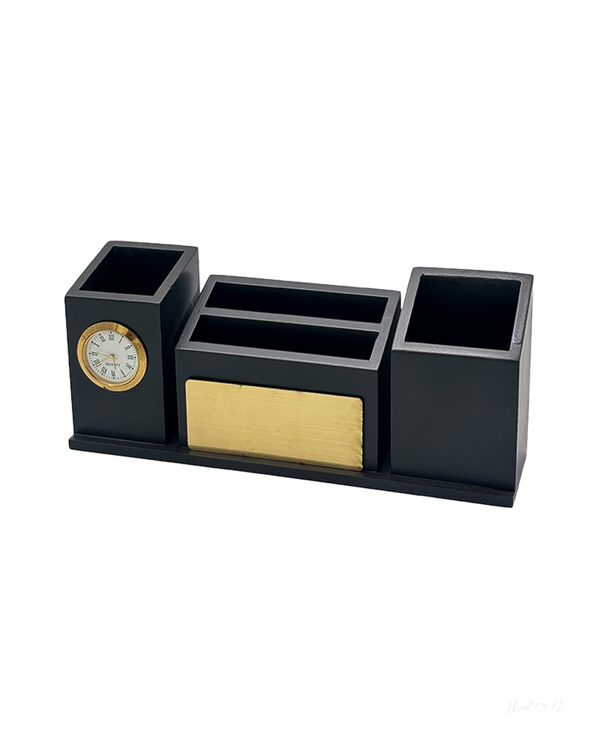 Wooden Pen Stand with Analog Clock, Dual Pen Holders