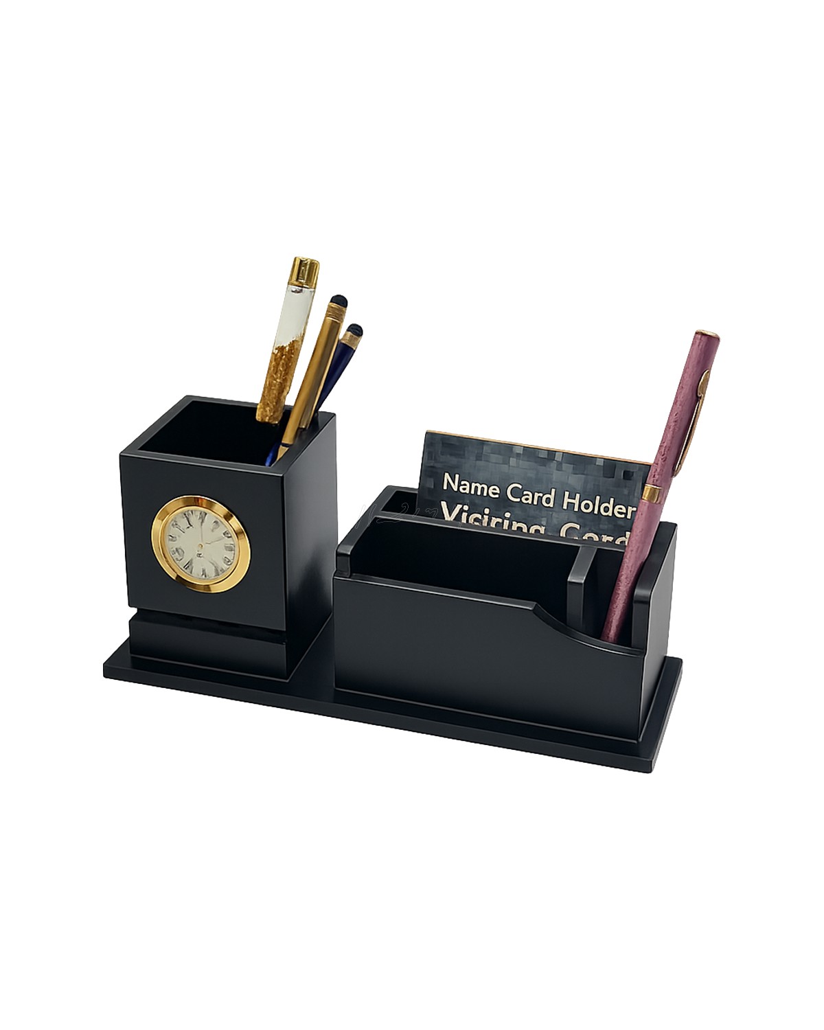 Wooden Pen Stand with Clock & Visiting Card Holder