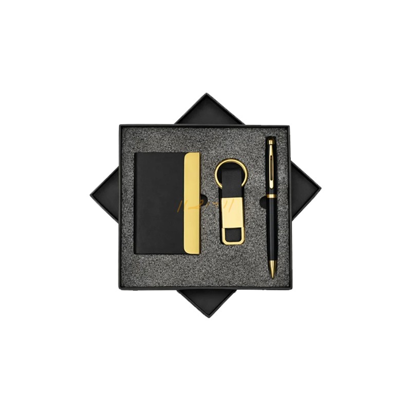 Black & Gold Signature 3-in-1 Executive Gift Set – Card Holder, Pen & Hook Keychain