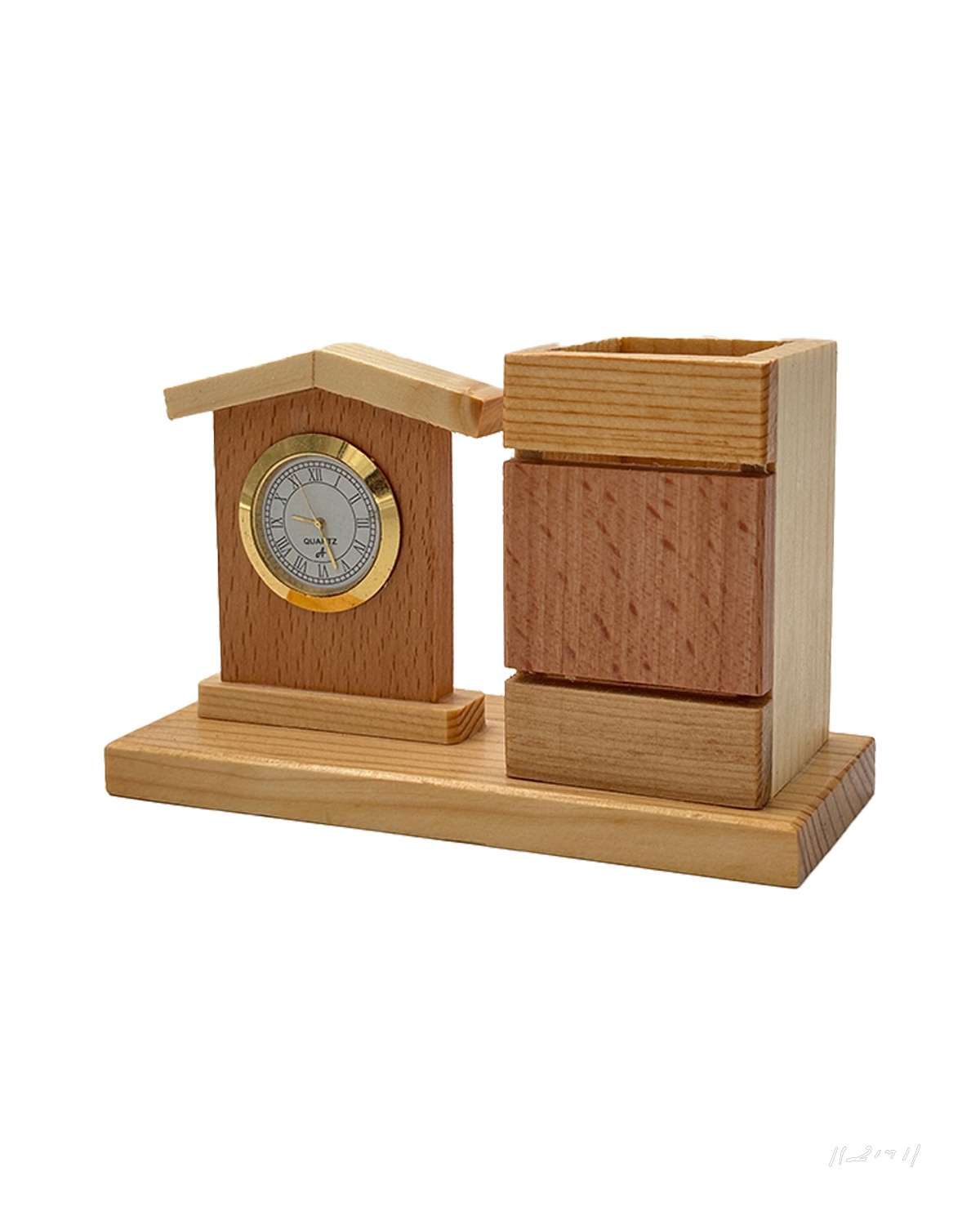 Wooden House Clock Pen Stand