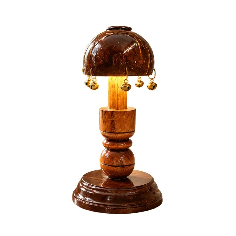 Heritage Glow Artisan Coconut Shell Table Lamp with Hanging Bells