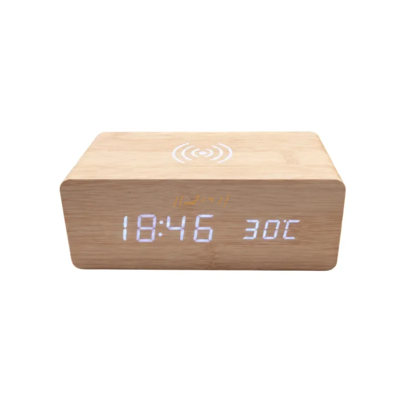 Wooden LED Clock with Temperature Display and Wireless Charging