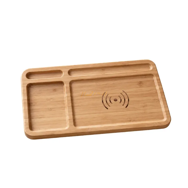 Wooden Desktop Organizer Tray with Wireless Charging