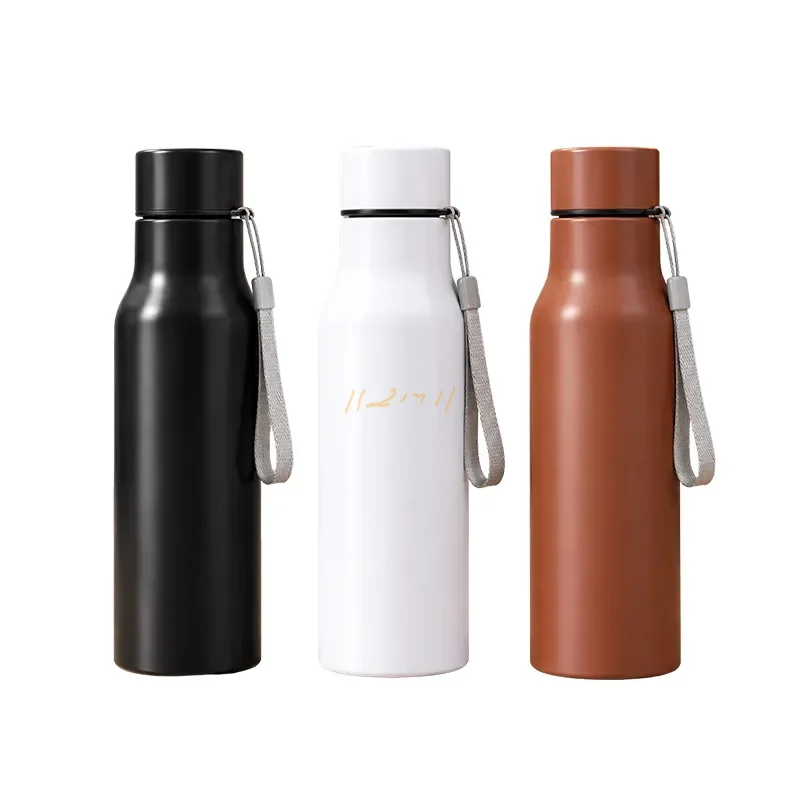 Black Stainless-Steel Water Bottle with Carry Strap