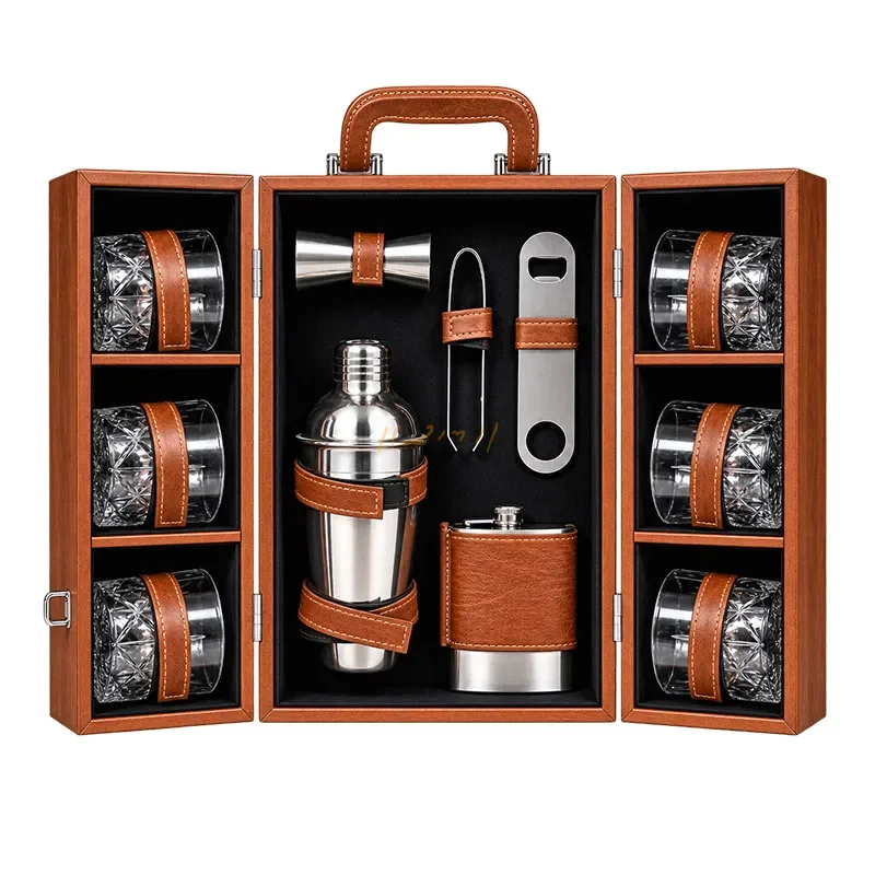 Executive Double-Door Wooden Bar Set with 6 Whiskey Glasses