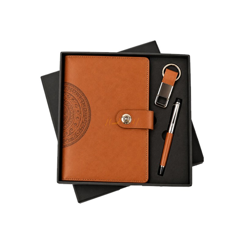 Heritage Tan 3-in-1 Premium Corporate Gift Set – Button Diary, Pen & Hook Keychain