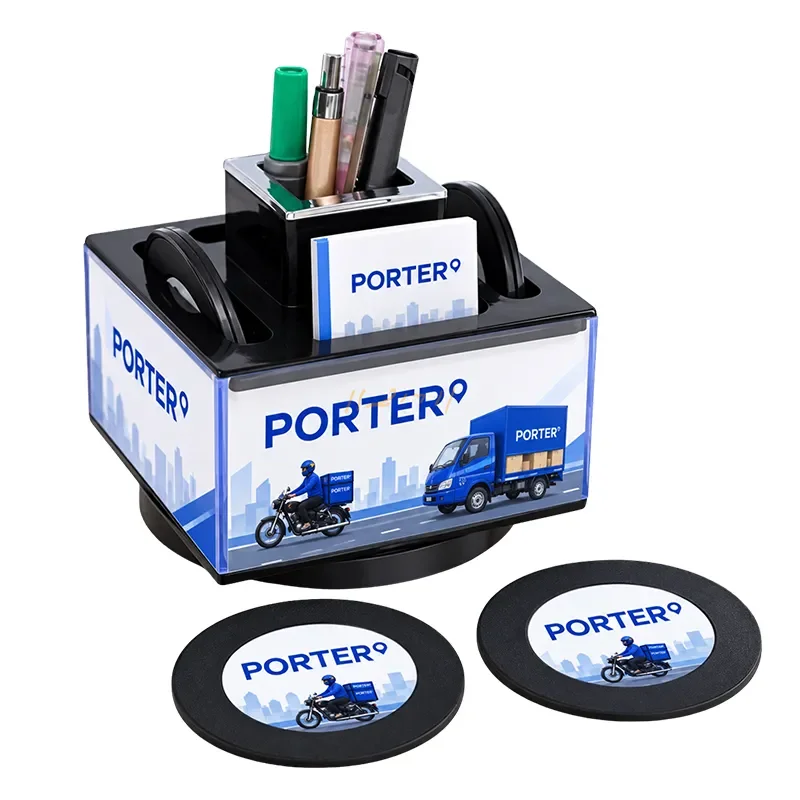 BrandMotion 360° – Revolving Pen Stand, Visiting Card Holder & 6-Coaster Set