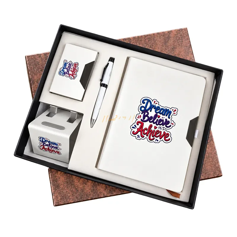 Executive White 4-Piece Corporate Gift Set with Notebook & Mobile Stand