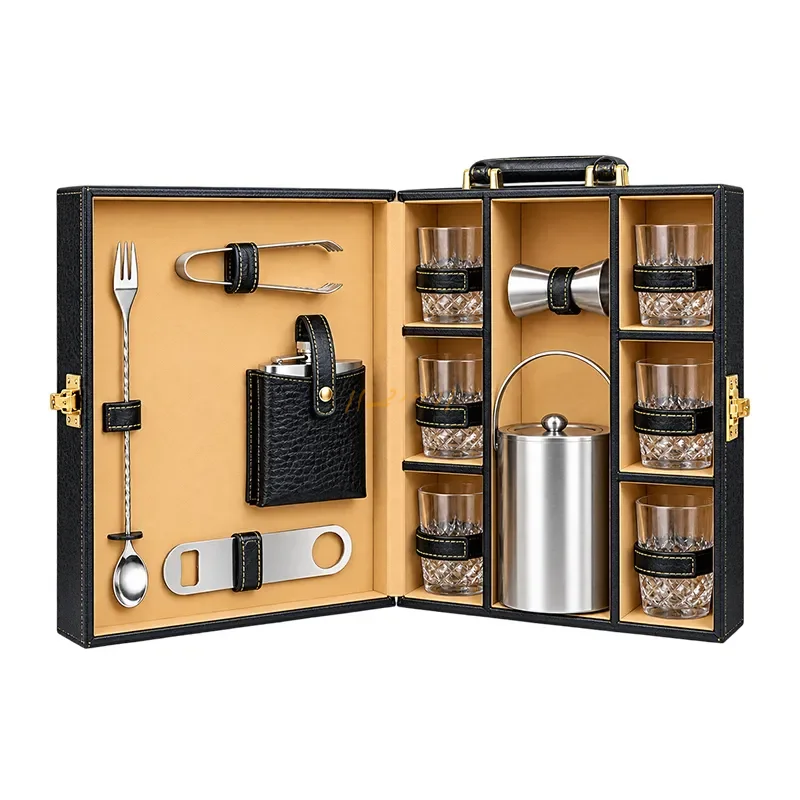 Executive Portable Whiskey Bar Set with Six Glasses and Ice Bucket