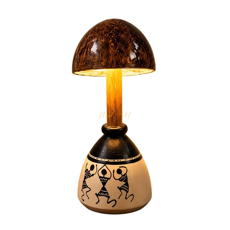 Adivasi Aura Warli Art Coconut Shell Table Lamp