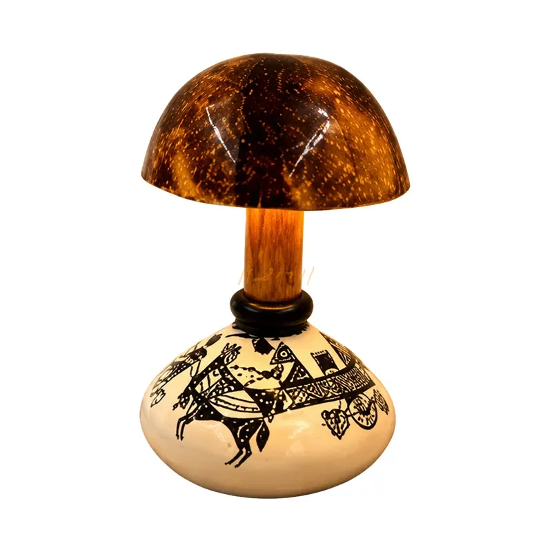 Village Journey Warli Bullock Cart Coconut Shell Table Lamp
