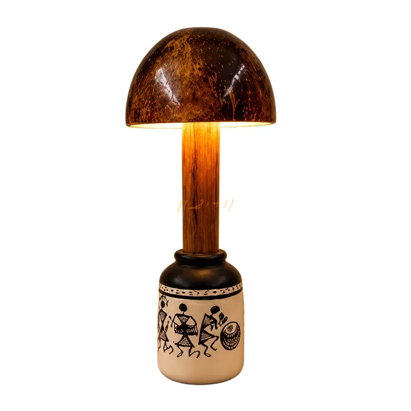 Tribal Radiance Warli Ceramic Coconut Shell Table Lamp
