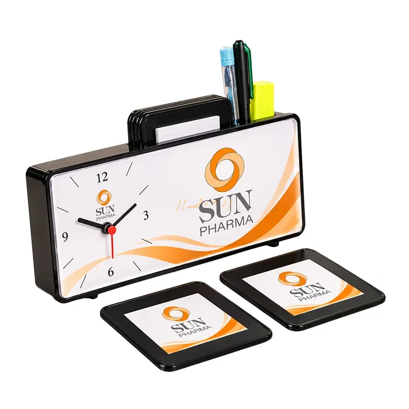 Slim Table Clock, Pen Stand & Six-Coaster Desktop Set