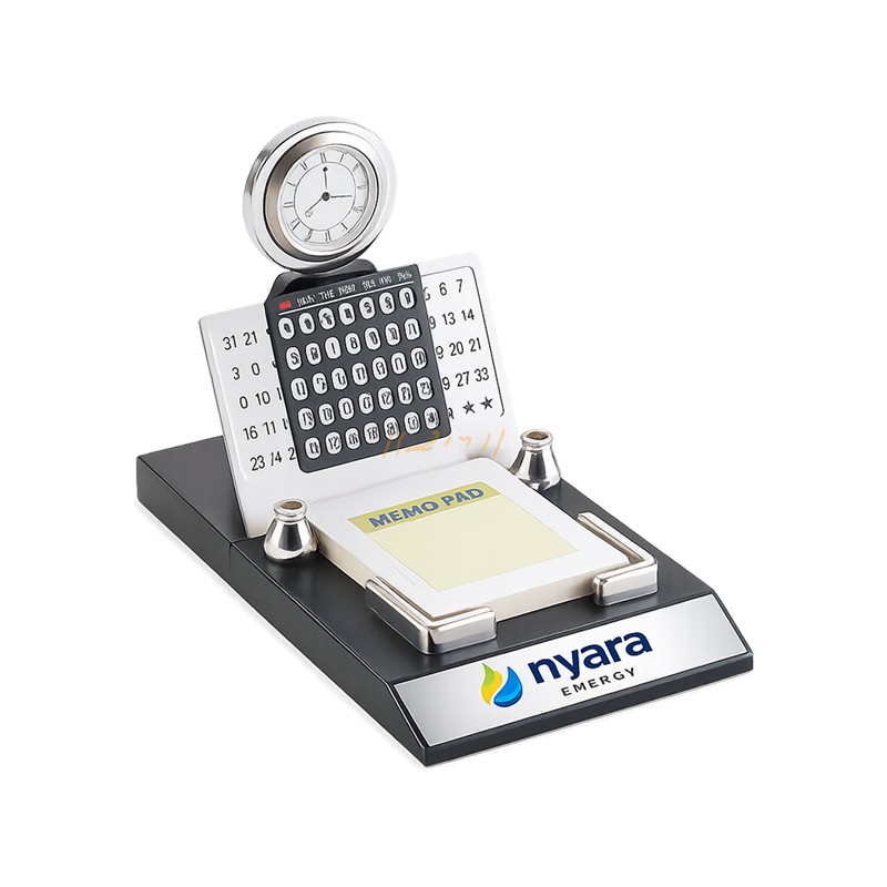 Silver Calendar, Clock & Memo Pad Desk Organizer