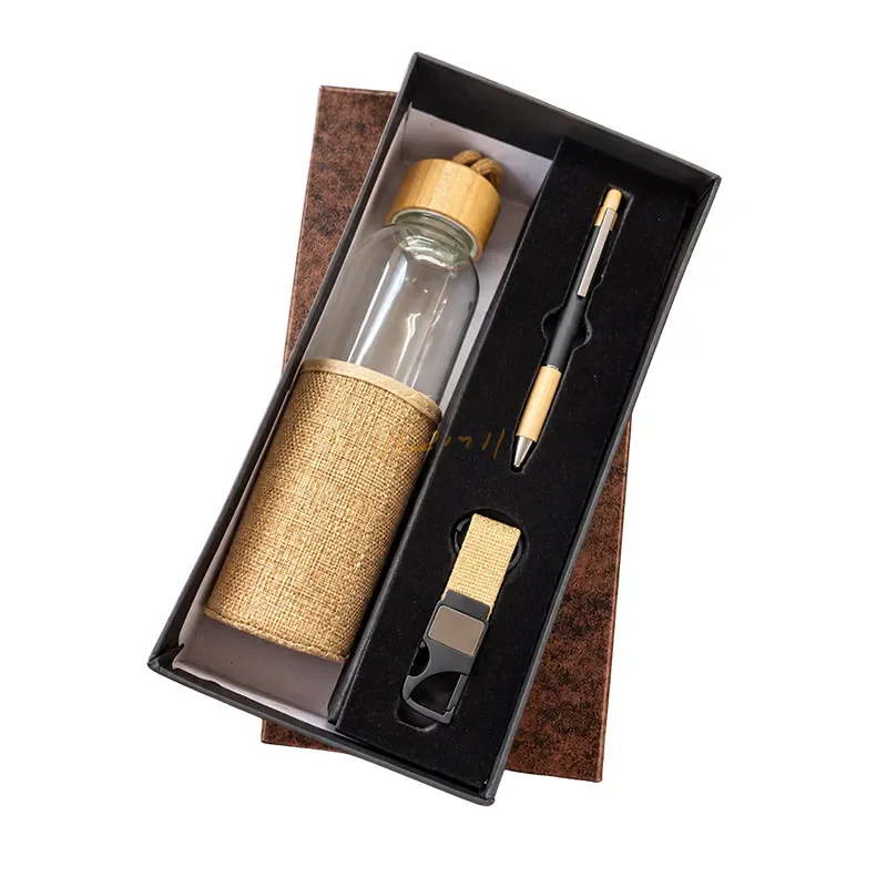 Natural Jute 3-Piece Corporate Gift Set with Glass Bottle, Pen & Keychain