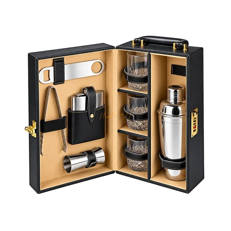 Executive Portable Wooden Bar Set with Lockable Leatherette Briefcase