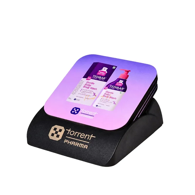 Slanted Coaster Stand with 4 Customizable Coasters