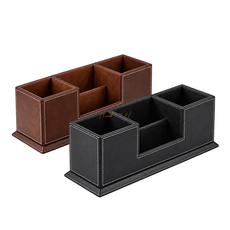 Leather Multi-Compartment Desk Organizer – Brown & Black Desktop Caddy