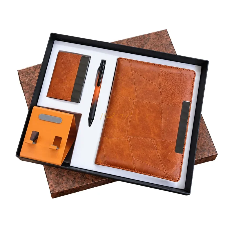 Tan Leatherette 4-Piece Corporate Gift Set with A5 Notebook & Mobile Stand