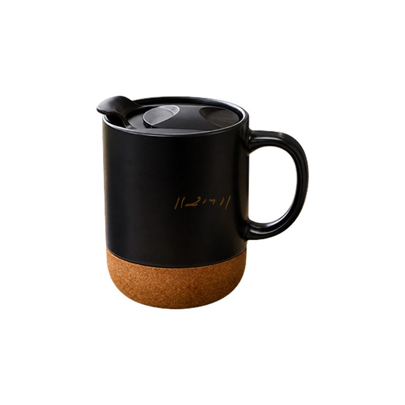 Black Ceramic Coffee Mug with Cork Base & Lid