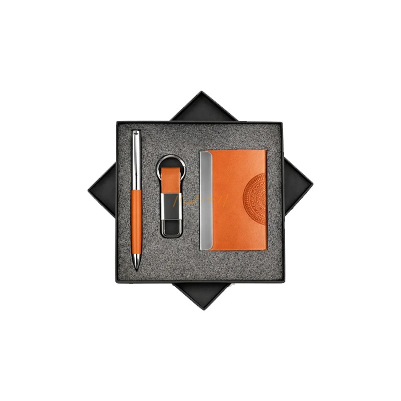 Tan Elegance 3-in-1 Executive Gift Set – Card Holder, Pen & Hook Keychain