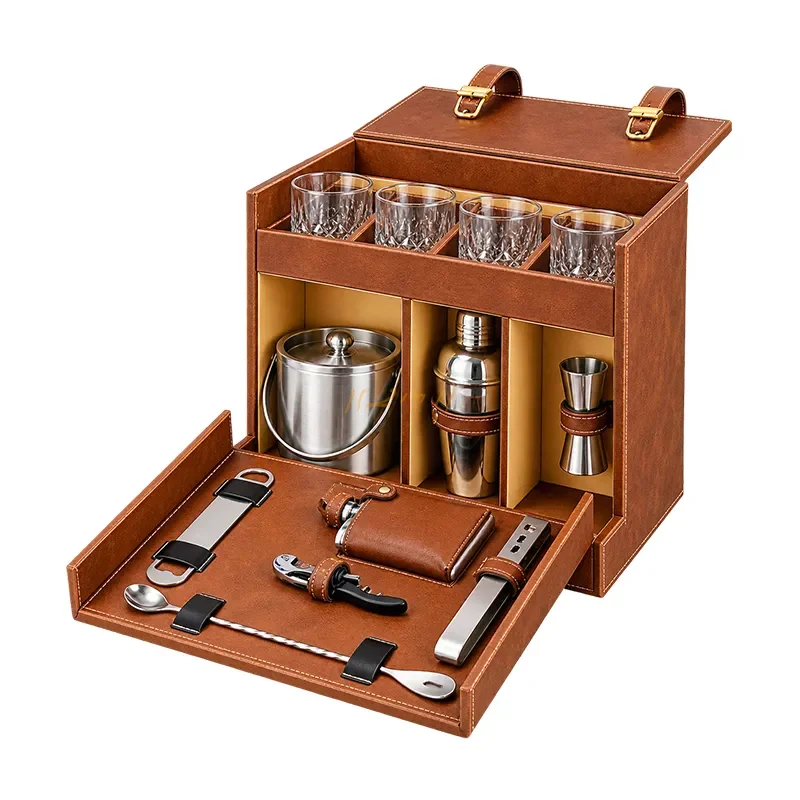 Luxury Leatherette Portable Wooden Bar Box with 4 Whisky Glasses