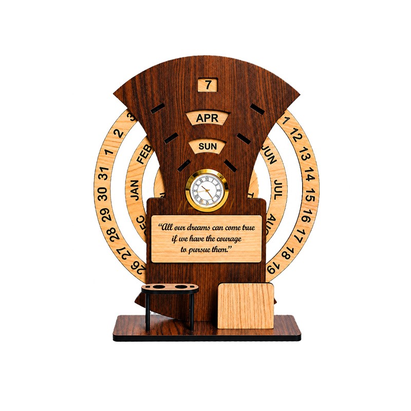 Wooden Perpetual Calendar with Clock
