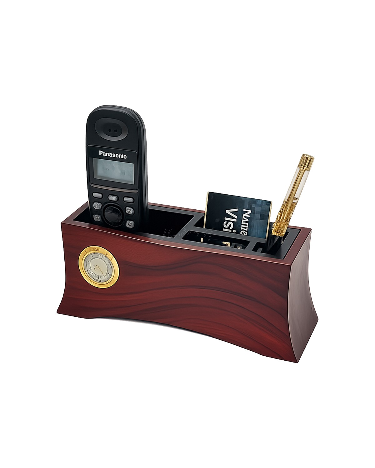Wooden Desk Organizer with Clock & Mobile Holder