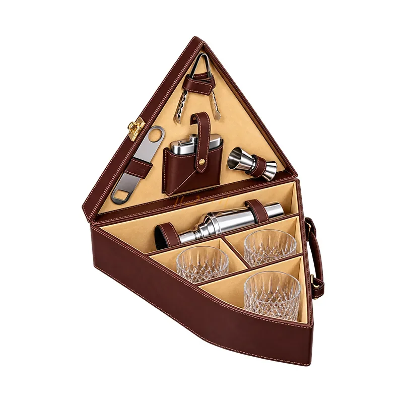 Premium Triangle Wooden Bar Set with 3 Whiskey Glasses