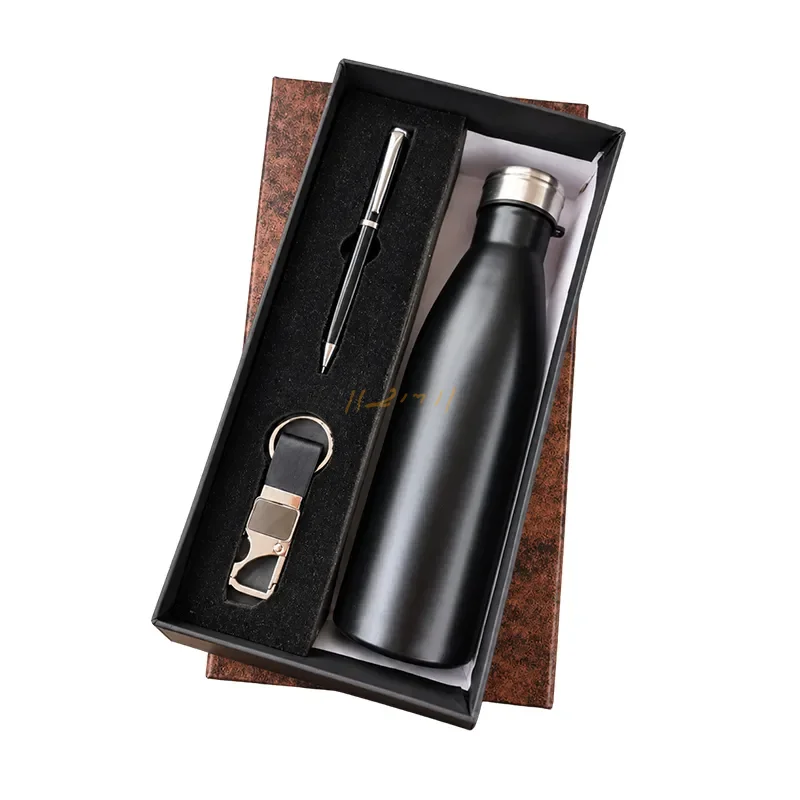Executive Black 3-Piece Corporate Gift Set with Steel Bottle, Pen & Keychain