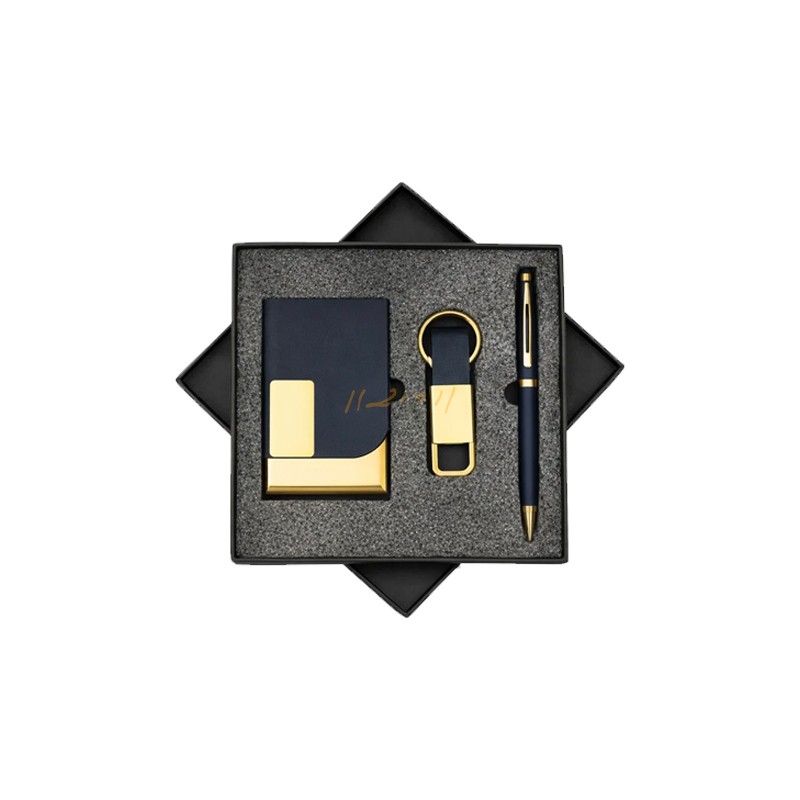 Midnight Gold 3-in-1 Premium Corporate Gift Set – Card Holder, Pen & Hook Keychain