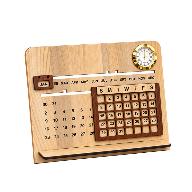 Wooden Desktop Calendar with Clock