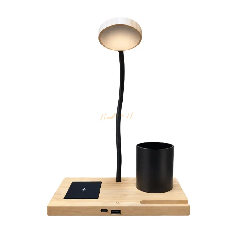 Wooden Desk Organizer Lamp with Wireless Charger and Pen Stand